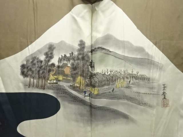  アンティーク　時代風景模様肩裏紋付羽二重男物羽織